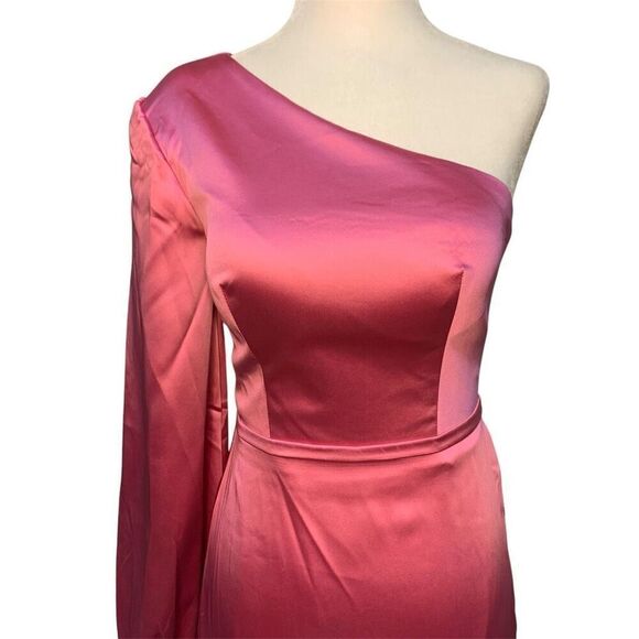 Mac Duggal Ieena Pink One Shoulder Bishop Sleeve Trumpet Gown Size 0 Long Dress - Picture 2 of 10